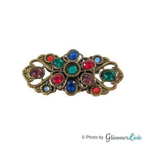 Vintage Multicolor Rhinestone Ornate Brass Tone Bow Bar Brooch Pin